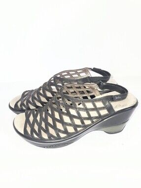 Jambu Black Leather Lattice Slingback Wedge Sandals Caged Orthopedic Size 8